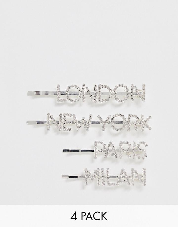 Glamorous Slogan Rhinestone Hair Pins 4 Pack-silver