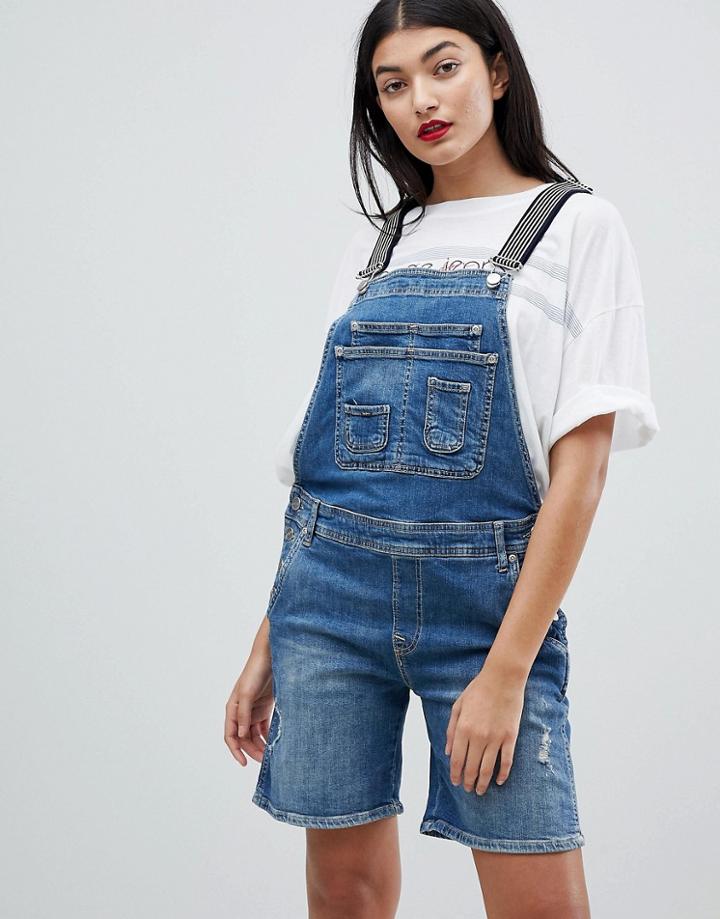 Pepe Jeans Overall Shortall With Stripe Straps - Blue