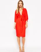 Asos 70s Deep Plunge Belted Midi Dress - Red