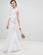 Frock & Frill Capped Sleeve Chiffon Overlay Maxi Dress With Embellished Detail - White