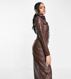 Missguided Faux Leather Midi Dress In Brown