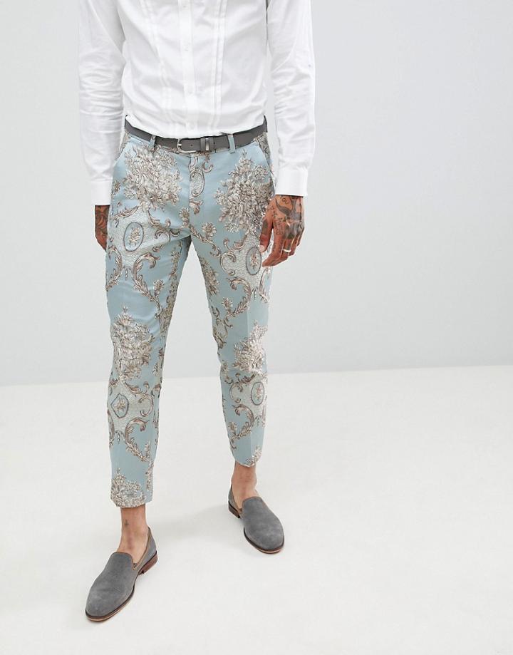 Asos Design Skinny Crop Suit Pants In Duck Egg Jacquard - Blue