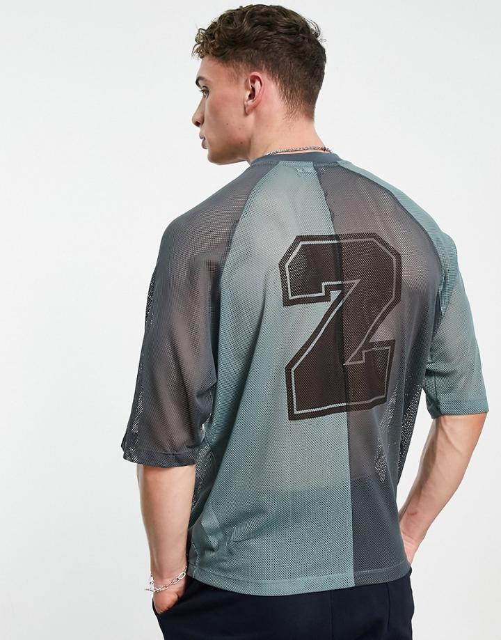 Asos Design Oversized T-shirt In Blue Color Block Mesh With Back Print