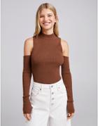 Bershka Cut Out Arm Detail Long Sleeve Top In Ecru-white