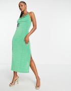 Asos Design Tie Shoulder Cowl Neck Slinky Beach Midaxi Dress In Green