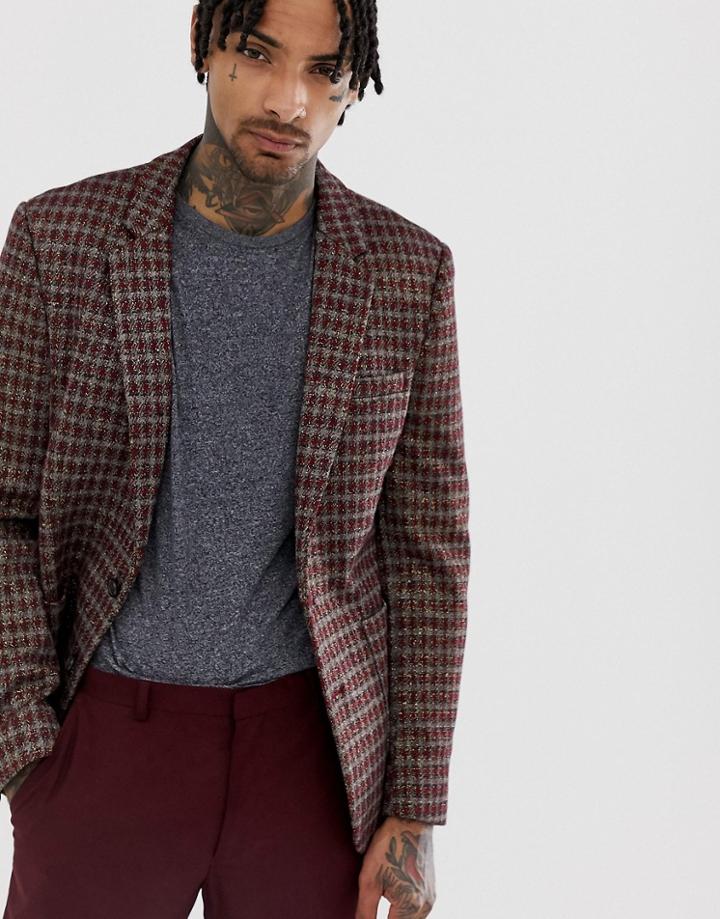 Asos Design Skinny Blazer In Gray Red And Gold Sparkle Check
