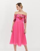Chi Chi London Lace Embroidered Top Midi Dress With Pleated Chiffon Skirt In Fuchsia - Pink