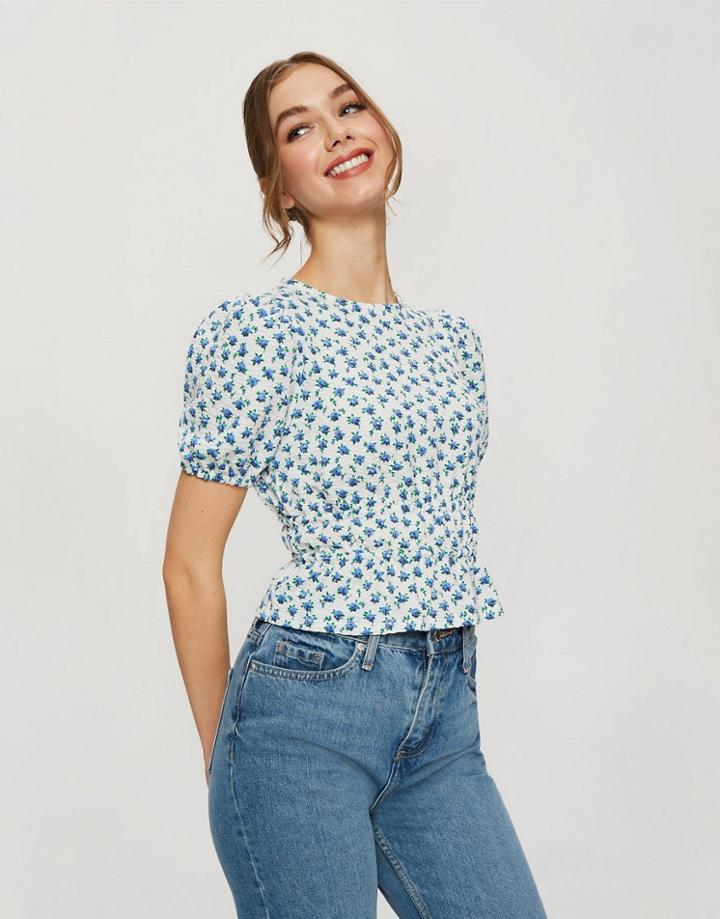 Miss Selfridge Shirred Waist Top In Blue Floral-white