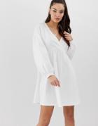 Asos Design Long Sleeve Wrap Front Mini Smock Dress - White