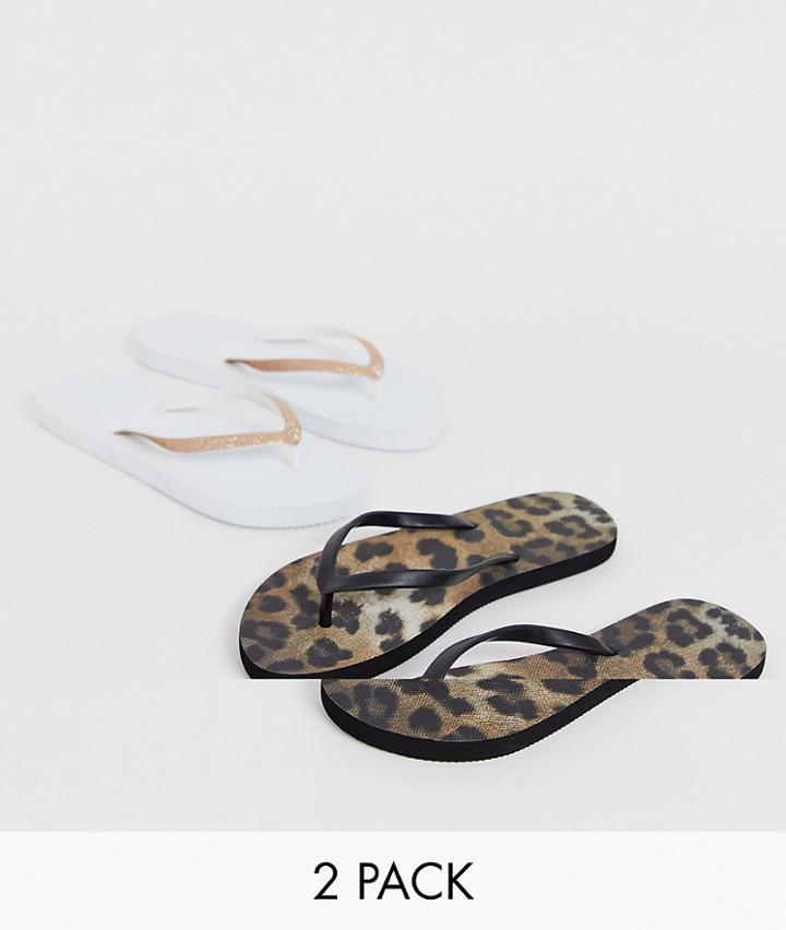 Truffle Collection 2 Pack Flip Flops In Leopard And White - Multi