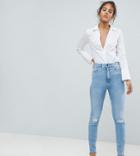 Asos Design Tall Farleigh High Waist Slim Mom Jeans In Zaliki Light Vintage Wash With Busted Knee And Rip & Repair Detai - Blue