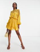 Asos Design Soft Chiffon Mini Dress With Floral Embellishment-yellow