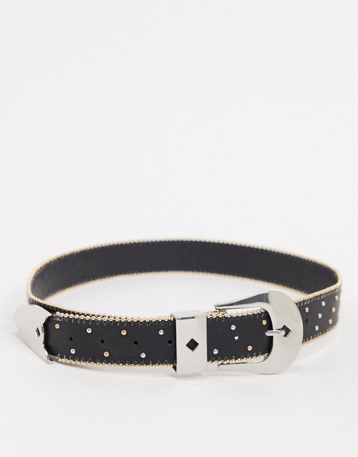 Asos Design Studded Western Waist And Hip Jeans Belt With Long Tip In Black