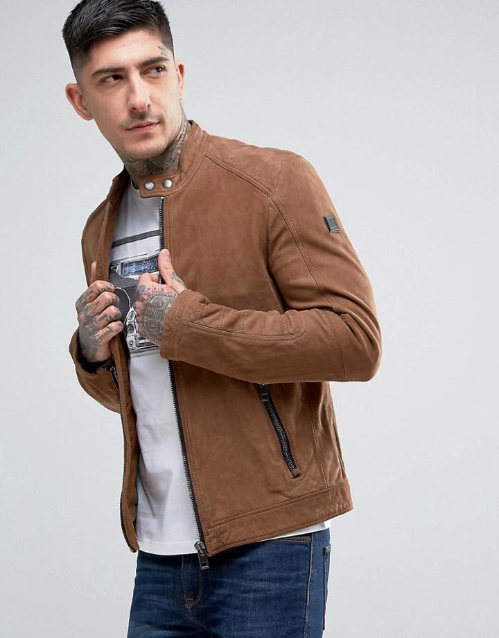 Boss Orange By Hugo Boss Jondrix Slim Fit Suede Biker Jacket Tan - Tan