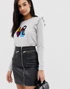 Oasis Slogan Sweatshirt With Frill Sleeves In Gray - Gray