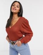 Asos Design V-neck Sweater With Volume Sleeve In Rust-red
