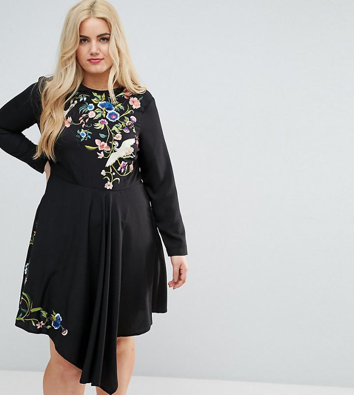 Asos Curve Pretty Embroidered Skater Dress - Black