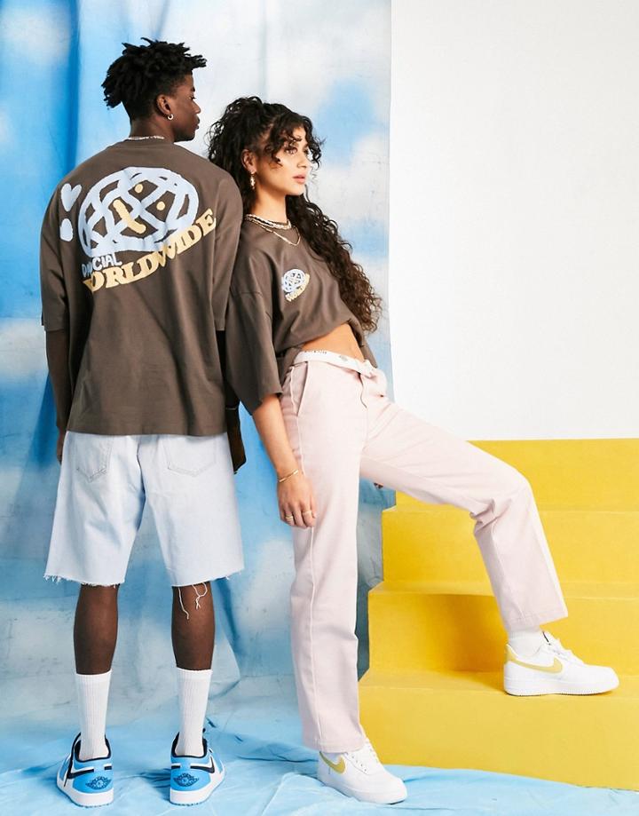 Asos Daysocial Unisex Oversized T-shirt In Heavyweight Jersey With Back Graphic Print And Logo In Brown
