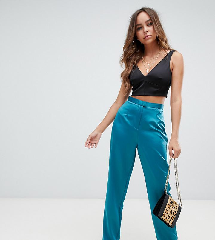 Missguided Satin Wide Leg Pants In Teal - Green