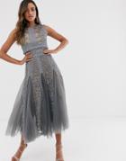 Bronx & Banco Megan Gray Lace Embroidered Midi Dress - Gray