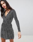 Asos Design Plisse Wrap Dress In Blurred Polka Dot - Multi