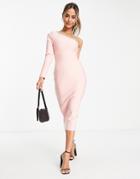Band Of Stars Premium One Shoulder Diamonte Back Trim Midi Dress In Blush Pink