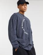 Asos Design Oversized Long Sleeve T-shirt With Exposed Seam Circle Text Front Print In Black Acid Wash-grey