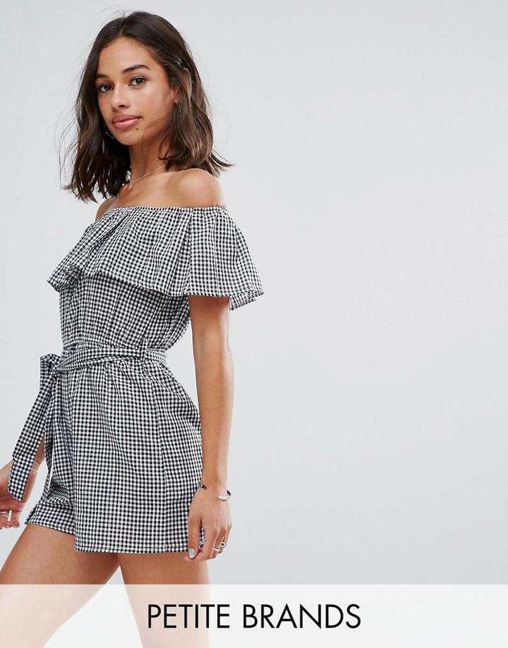 Parisian Petite Off Shoulder Gingham Romper - Black