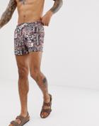 Asos Design Swim Shorts In Paisley Print In Short Length-brown