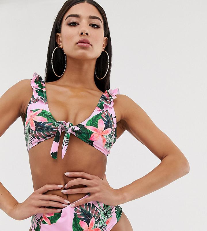 Missguided Mix And Match Floral Tie Bikini Top In Multi - Pink