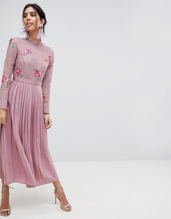 Little Mistress Embroidered Lace Top Midaxi Dress With Pleated Skirt - Pink