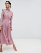 Little Mistress Embroidered Lace Top Midaxi Dress With Pleated Skirt - Pink