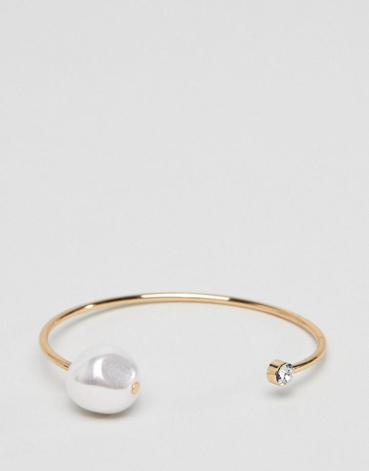 Asos Design Cuff Bracelet With Pearl Detail In Gold - Gold