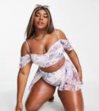 Asos Luxe Curve High Waist Bikini Bottoms With Chiffon Overlay In Postcard Print-multi
