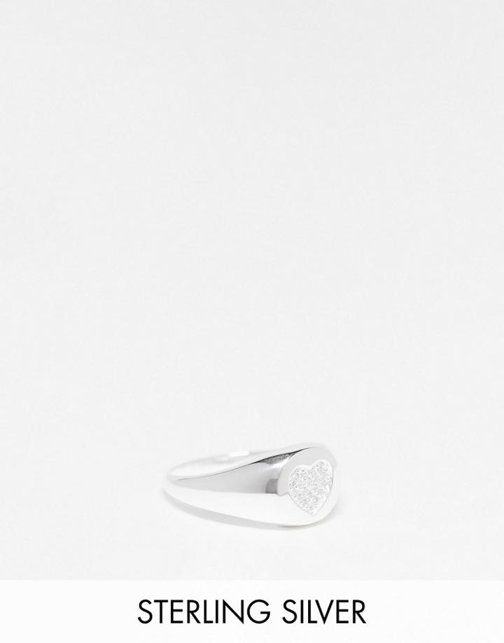 Asos Design Sterling Silver Festival Signet Ring With Pave Heart Detail In Silver Tone