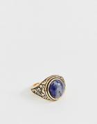 Asos Design Ring In Burnished Gold Tone With Semi Precious Navy Stone - Gold