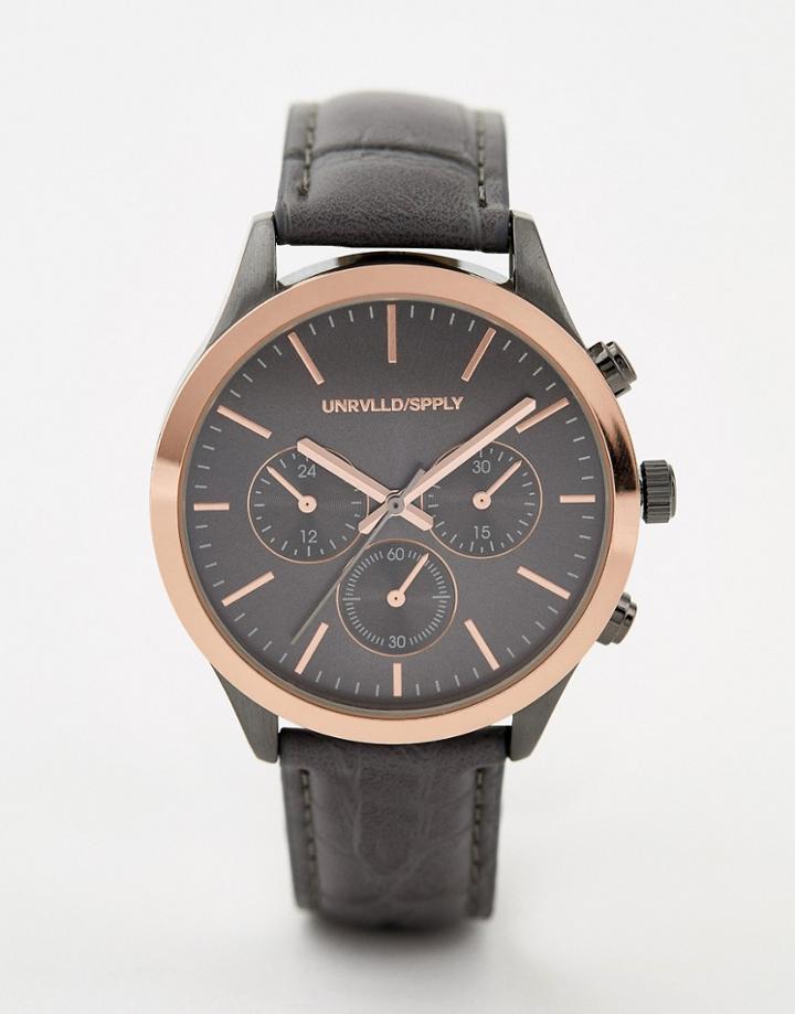 Asos Design Watch In Charcoal And Rose Gold With Sub Dials - Gray