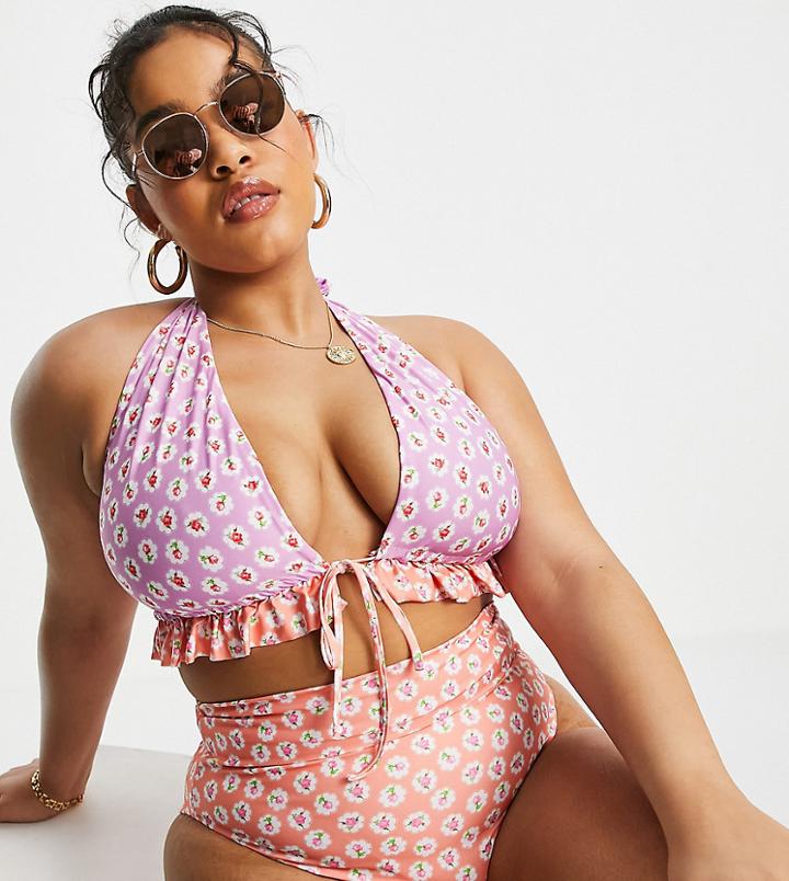 Asos Design Curve High Waist Bikini Bottom Top In Mixed Ditsy Floral Print-multi