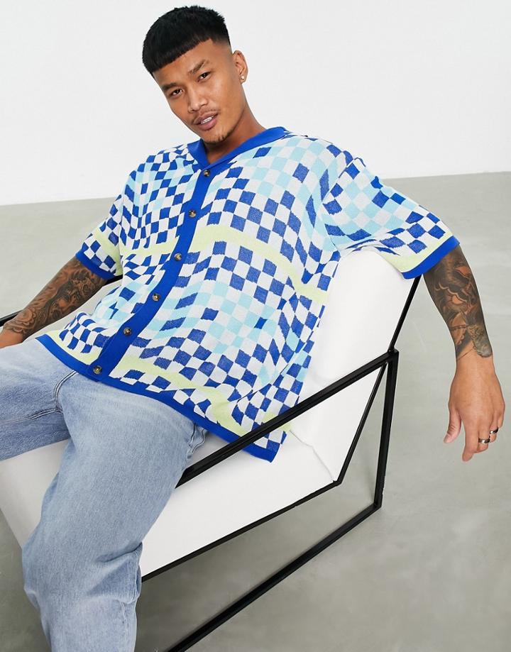 Asos Design Knitted Oversized Button Through Polo With Blue Checkerboard