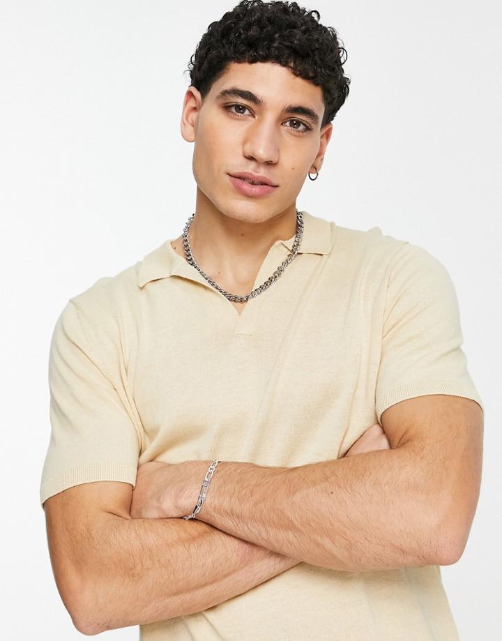 Asos Design Midweight Knitted Notch Neck Polo Shirt In Oatmeal-neutral