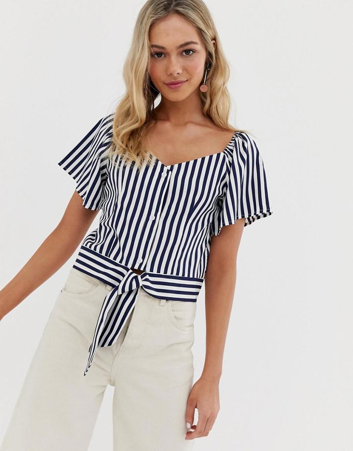 Qed London Tie Front Crop Top In Navy Stripe - Navy