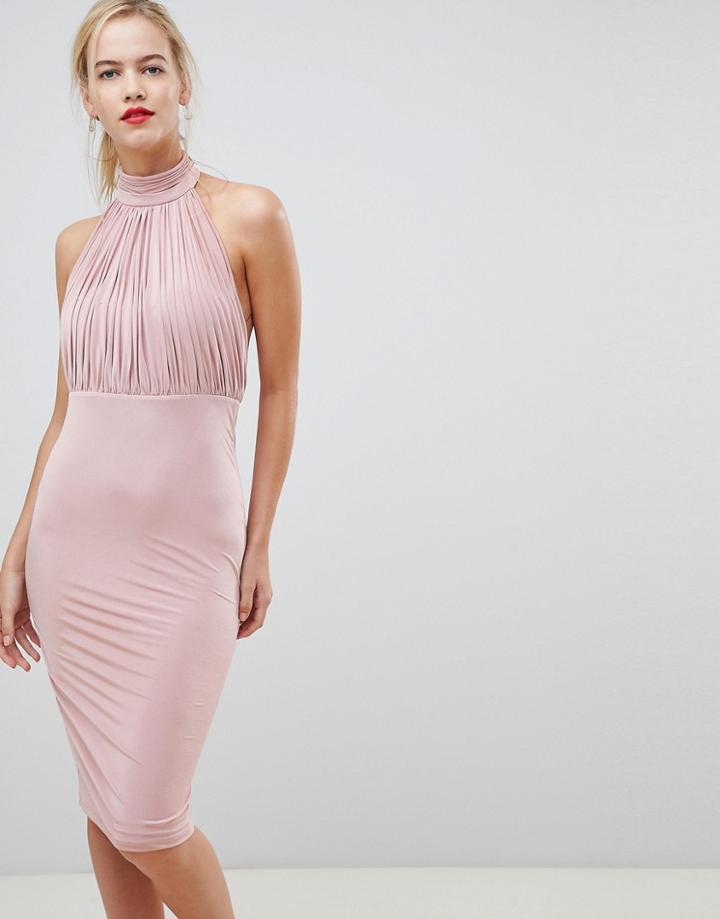 City Goddess Pleated High Neck Dress-beige