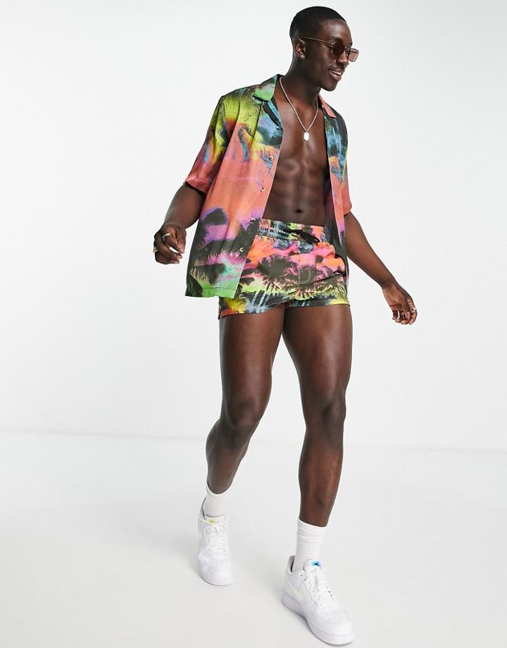 Asos Design Swim Short In Palm Tree Print Super Short Length - Part Of A Set-multi