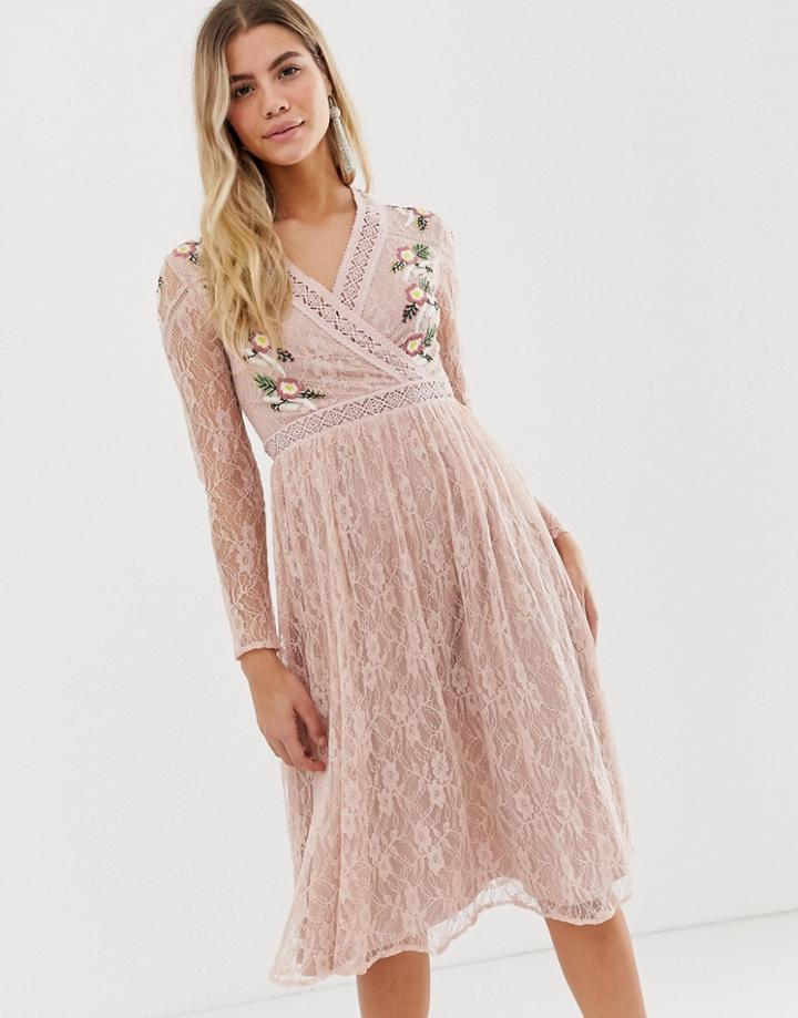 Frock And Frill Prairie Lace Midi Dress With Embroidered Wrap Front In Soft Rose - Pink