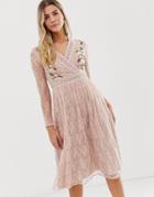 Frock And Frill Prairie Lace Midi Dress With Embroidered Wrap Front In Soft Rose - Pink