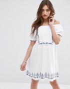 Asos Off Shoulder Dress With Border Embroidery - White