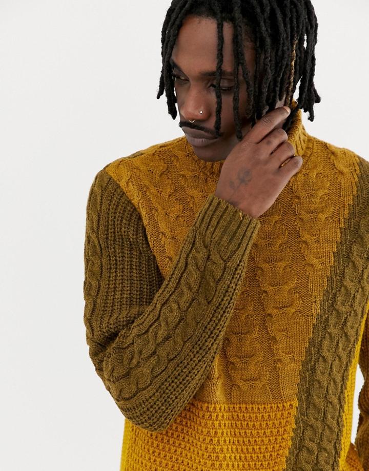 Asos Design Heavyweight Cable Knit Sweater In Blocking - Green
