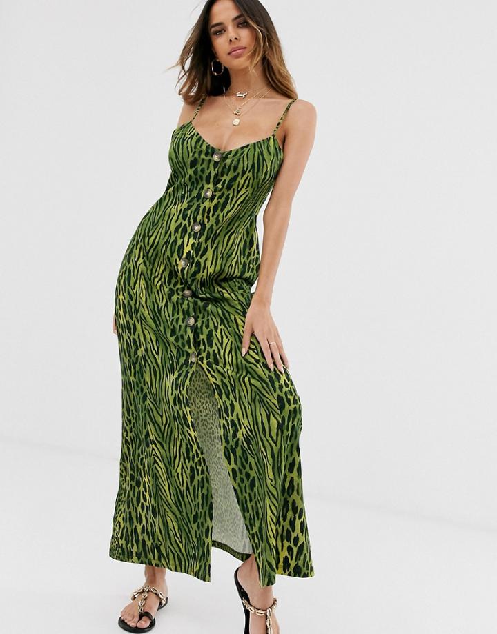 Asos Design Button Through Maxi Dress In Green Animal Print-multi