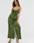 Asos Design Button Through Maxi Dress In Green Animal Print-multi