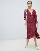 Monki Wrap Polka Dot Dress With Buttons In Burgundy - Red